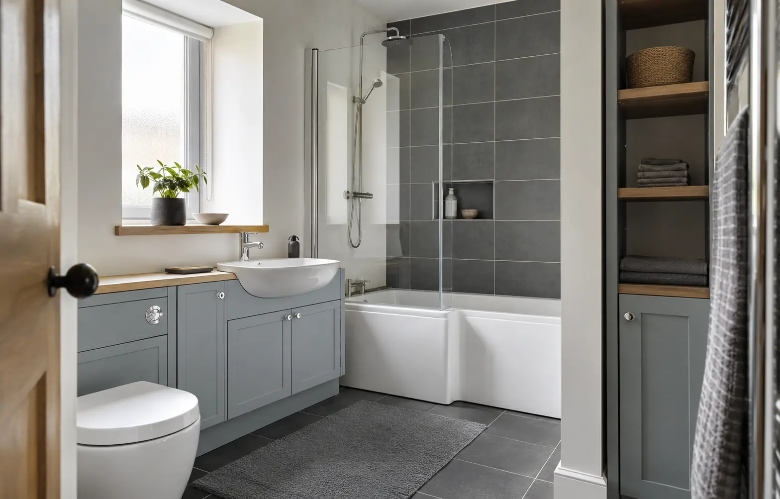 Pale blue-grey and oak fitted bathroom in a Scottish home