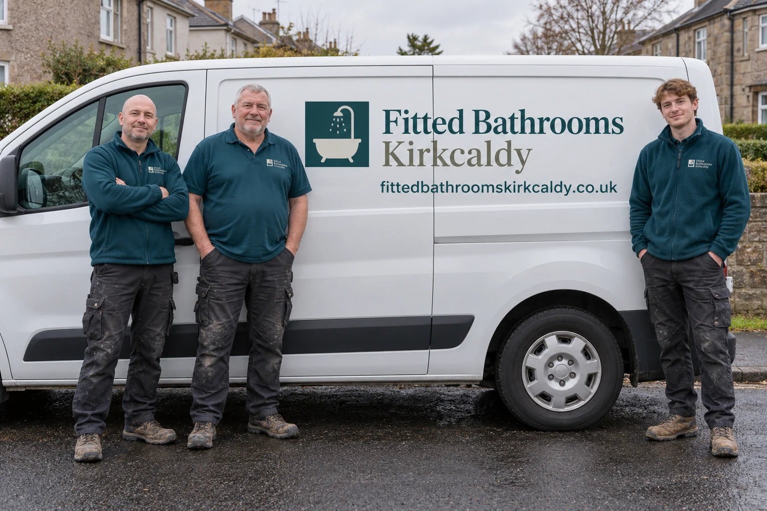 Three men in workwear beside a professionally signwritten Fitted Bathrooms Kirkcaldy van