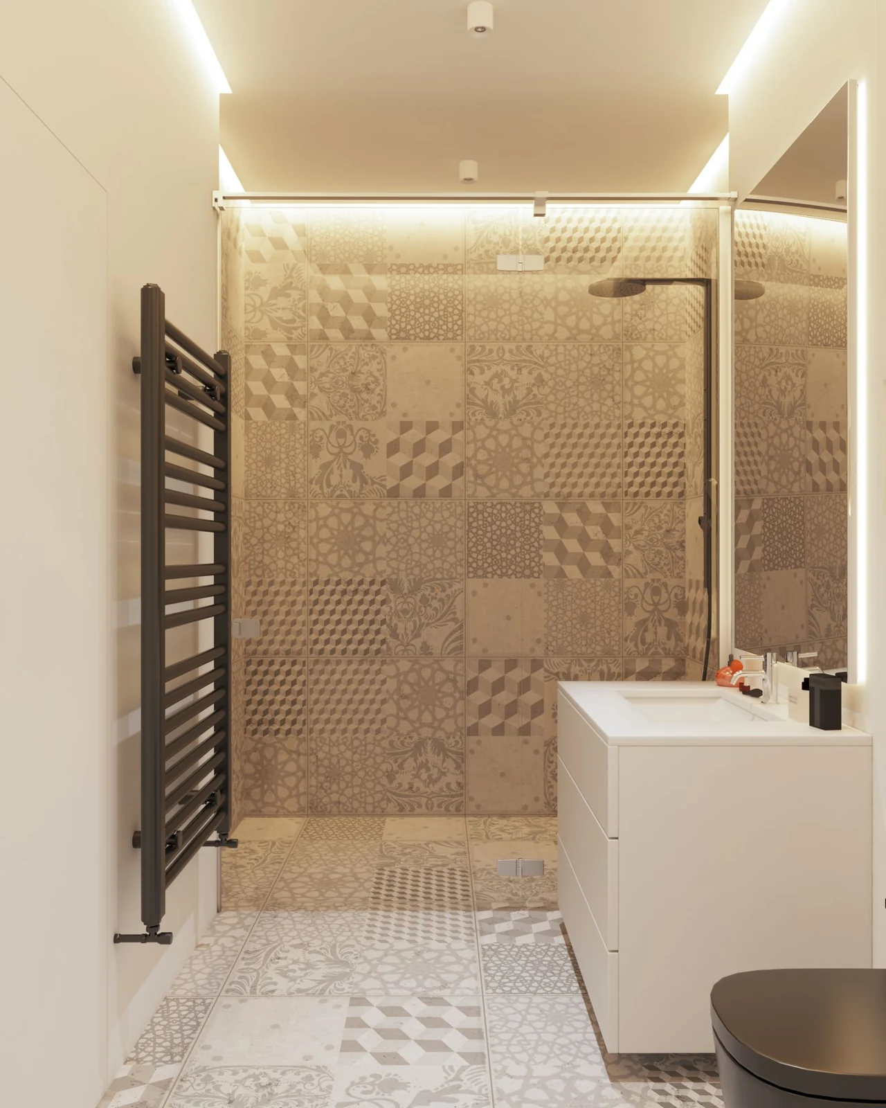 Stylish minimalist bathroom featuring intricate patterned tiles and sleek fixtures