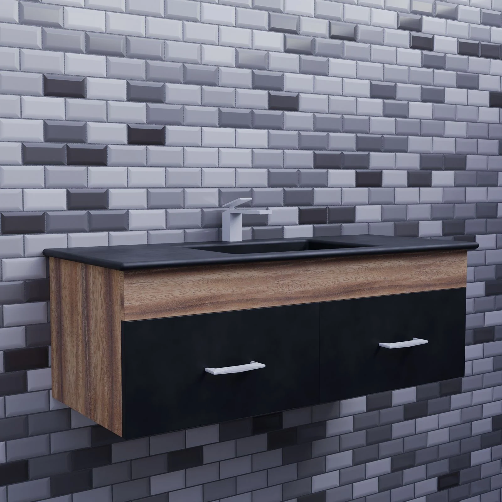 Wall-mounted vanity and tiled wall