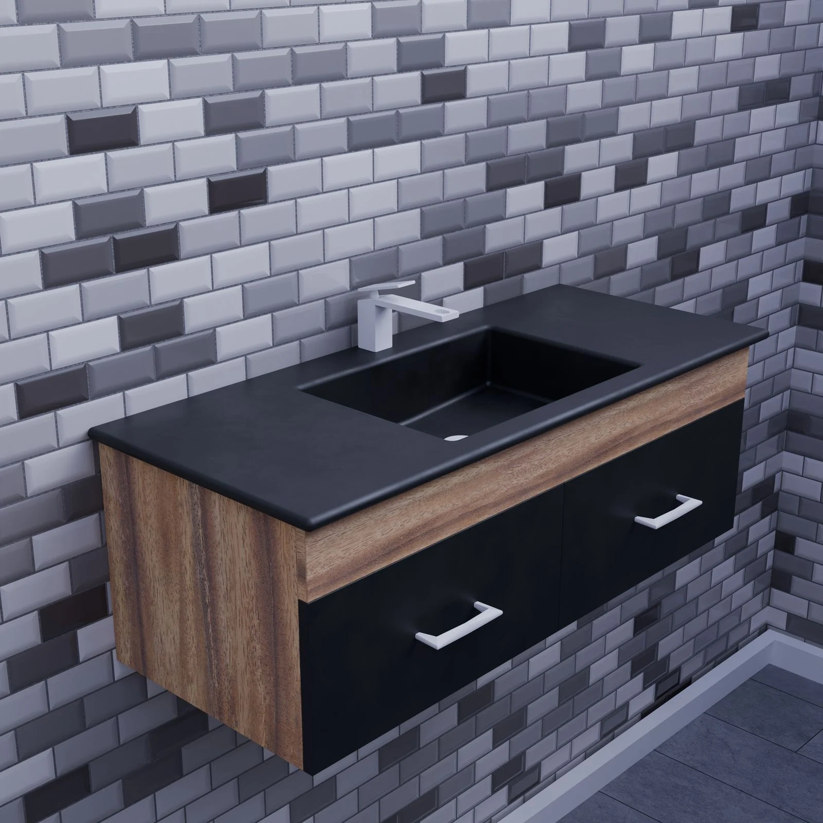 Dark bathroom vanity against grey tiles