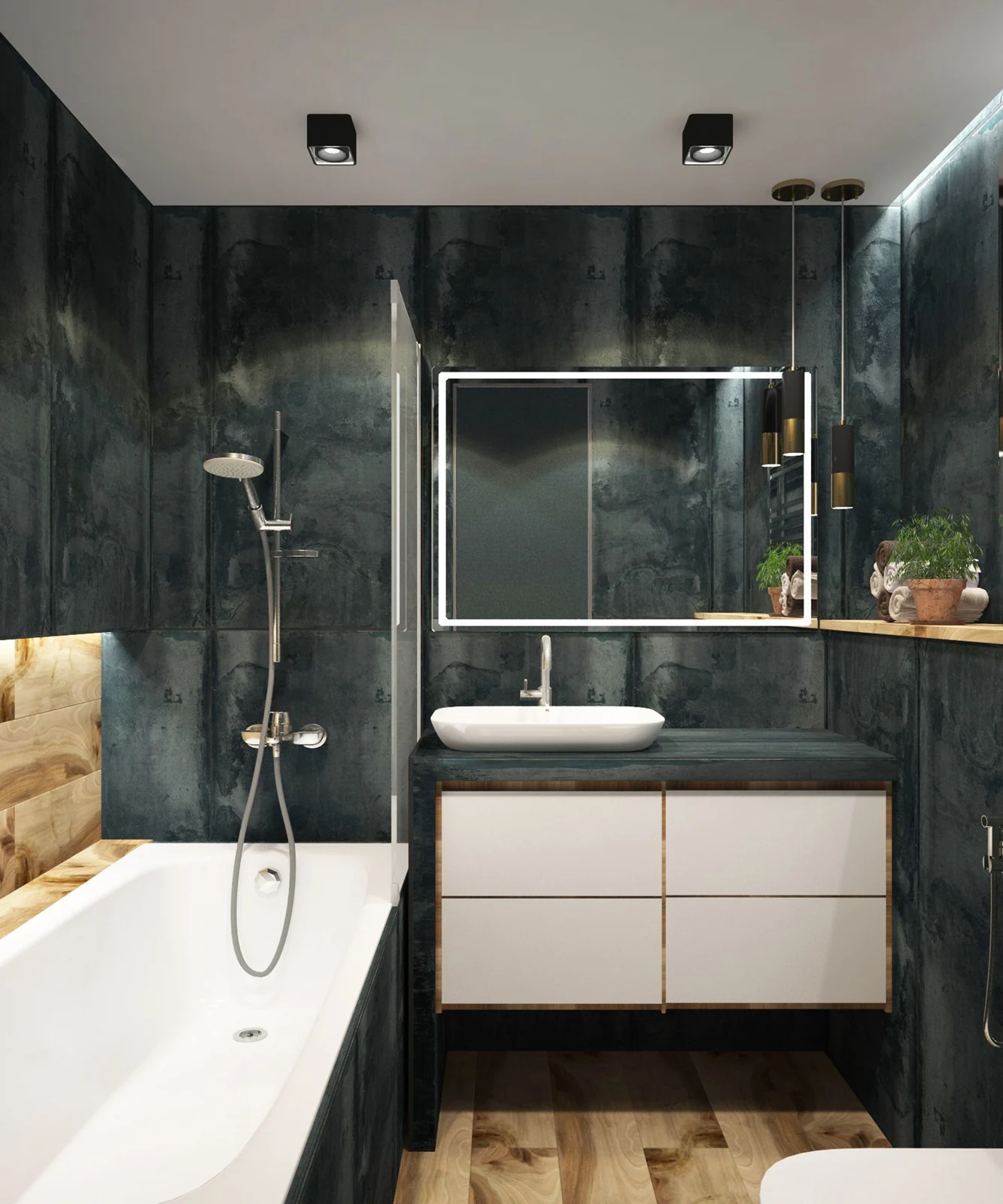 A contemporary bathroom showcasing black marble walls, clean lines, and modern fixtures, exuding luxury and style
