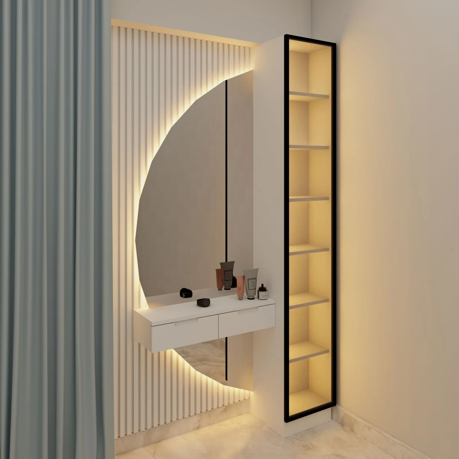 Wall-mounted vanity and lit storage shelves