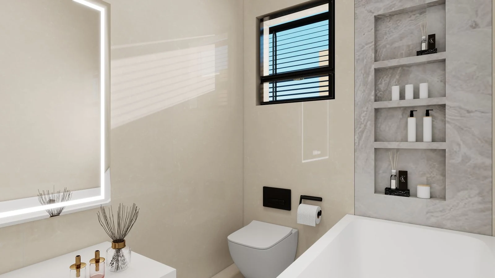Sleek and modern bathroom with minimalistic design and natural lighting